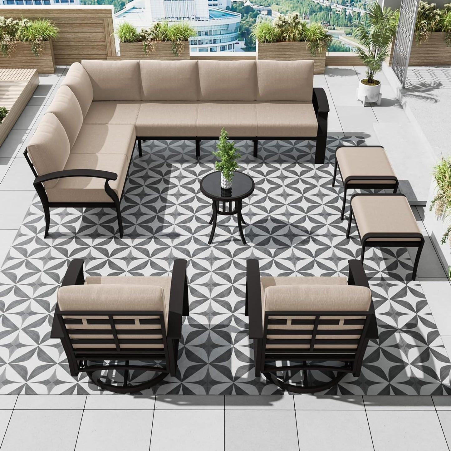 Aluminum Patio Furniture Set, 10 Seats Outdoor Patio Conversation Set with Swivel Chair Modern Metal Patio Sectional Sofa with Coffee Table for Patio, Backyard(Sand).