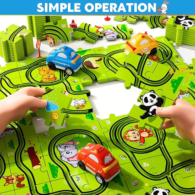64PCS Puzzle Race Track Car Set for Kids Boys, Floor Puzzle Tracks Car Toys for Boys Girls Ages 3-5 4-6, Toddler Toys Gifts for 3 4 5 Year Old, Ideal 3 4 5 6 Year Old Birthday Gifts
