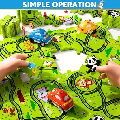 64PCS Puzzle Race Track Car Set for Kids Boys, Floor Puzzle Tracks Car Toys for Boys Girls Ages 3-5 4-6, Toddler Toys Gifts for 3 4 5 Year Old, Ideal 3 4 5 6 Year Old Birthday Gifts