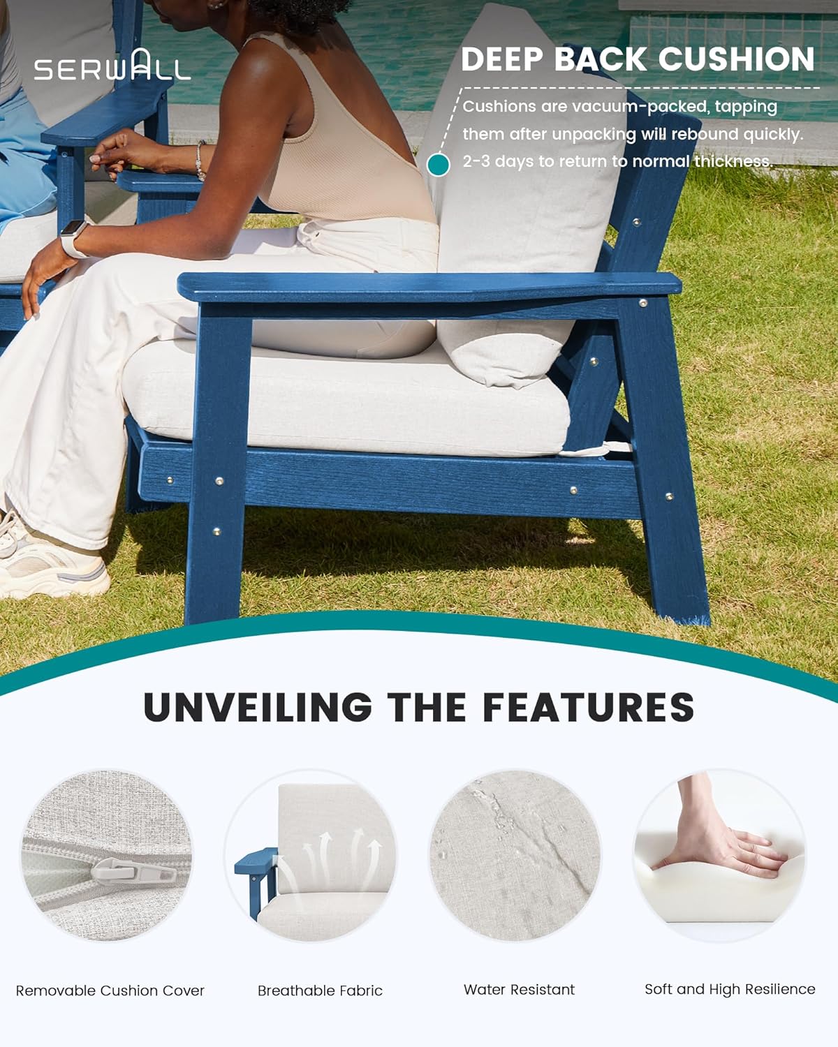 SERWALL HDPE Outdoor Patio Loveseat, Blue Frame and Khaki Cushion