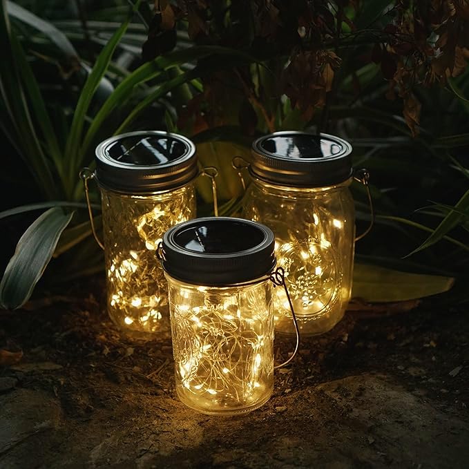 Decorman Solar Mason Jar Lights, 4 Pack 30 LED Fairy Star Firefly String Lids Lights with 4 Hangers for Patio Yard Garden Party Wedding Christmas Decoration(Jars Not Included) (4 Pack, Warm White)