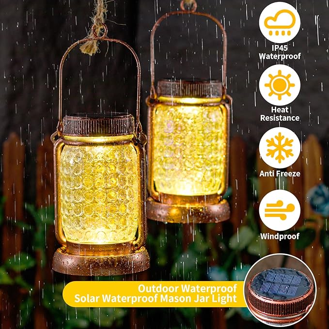 Outdoor Garden Decor, 4 Pack Solar Lantern Waterproof Warmwhite Mason Jar Hanging Lights, Porch Decorative for Garden Yard Patio Backyard Deck Courtyard Lawn