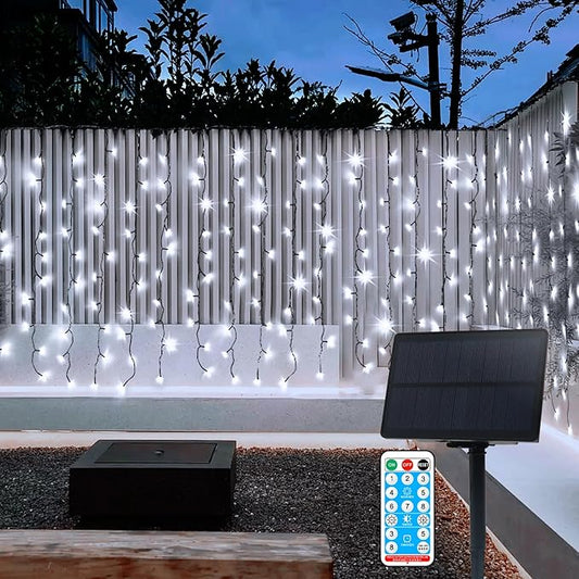 echosari Solar Powered Curtain Lights 33ftx 3ft 500 LED Outdoor Curtain Lights Waterproof with Timer 8 Modes for Christmas Garden Patio Fence Wedding Wall Window Gazebo Decor - Cool White