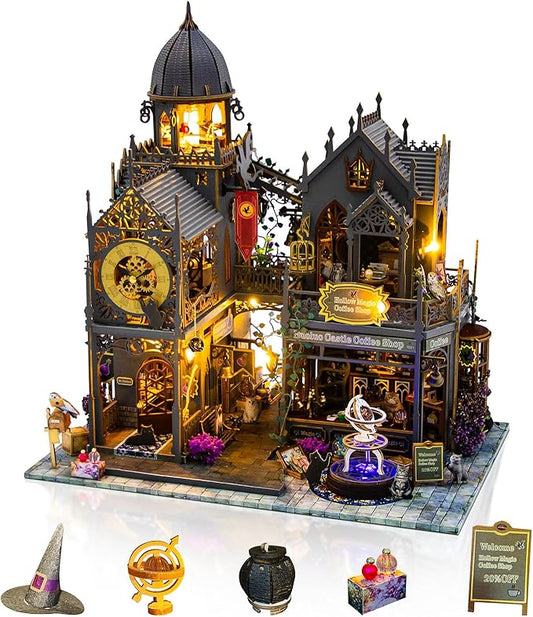 Miniature House Kit, Tiny House Kit with Light, DIY Mini House Building Kits for Adults to Building, Unique Gift for Birthday Christmas, Magic Castle