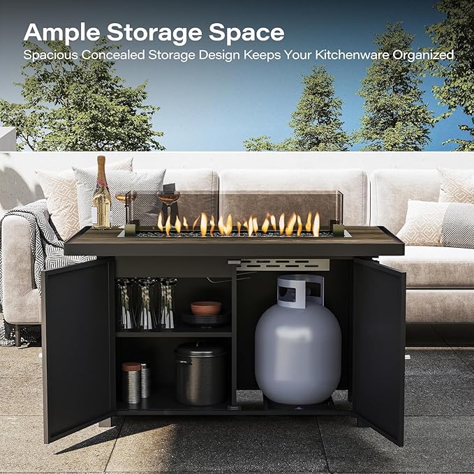 LAUSAINT HOME Propane Fire Pit Table 43 Inch with Lid, 55,000 BTU Gas Fire Pits for Outside Patio with Glass Wind Guard, Gray Glass Beads