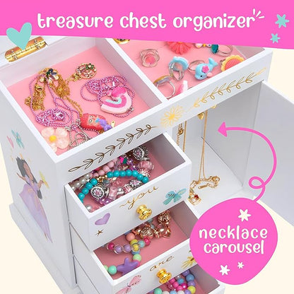 Giggle & Honey Princess Musical Jewelry Box for Girls - Kids Music Box with Drawers, Fairytale Gifts for Girls Birthday, Princess Jewelry Boxes for Ages 3-10 - 9 x 5 x 9.3 in, White