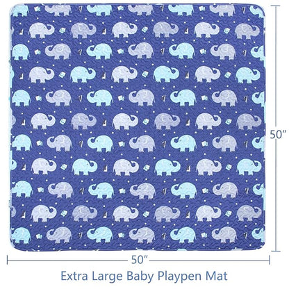 Baby Floor Play Mat Foldable Crawling Mat, 50x50 Play Mat for Playpen, Washable Non Slip One-Piece Playmats Portable, Cushioned Baby Tummy Time Mats for Infants and Toddlers (Blue Elephant)