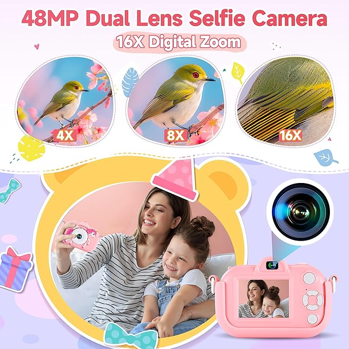 Kids Camera Toys for Ages 3 4 5 6 7 8 9 Girls, 48MP Dual Lens Toddler Digital Camera Christmas Birthday Gift, Kids Selfie Camera with 32G SD Card, Silicone Cover