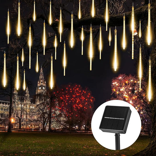 Solar Meteor Shower Lights - 16 Inch 8 Tube 288 LED, Waterproof, Cascading Falling Rain Lights for Tree, Bush, Holiday Parties, Christmas, Patio Decor - Warm White