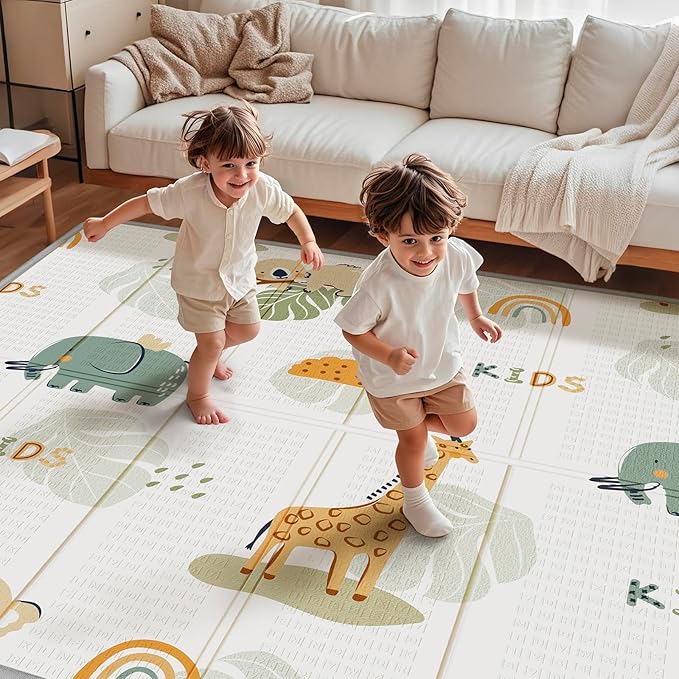 Foldable Baby Play Mat, PIGLOG 50x50 Playpen Mat, Waterproof Playmats for Babies and Toddlers Kids, Safe Foam Playmat for Tummy Time, Reversible Portable Baby Floor Mat for Infant, Giraffe + Elephant