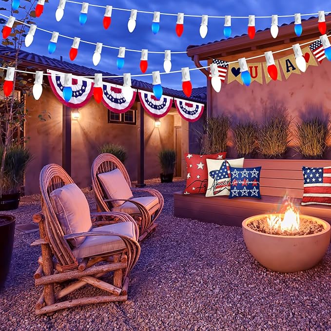 45.6 FT 4th of July Decorations Lights Outdoor, C7 LED Red White and Blue Lights String with 46 Bulbs(6 Spare), Patriotic Decor Light for Memorial Day Independence Day Patio Garden Backyard Bistro