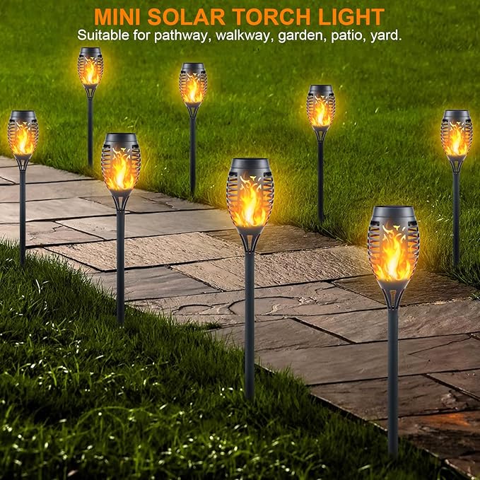 12LED Mini Solar Tiki Torches with Flickering Flame - Waterproof Outdoor Torch Lights with Auto On/Off, Super Bright Landscape Lighting for Yard, Garden, Patio & Pathway Decor (Set of 16)