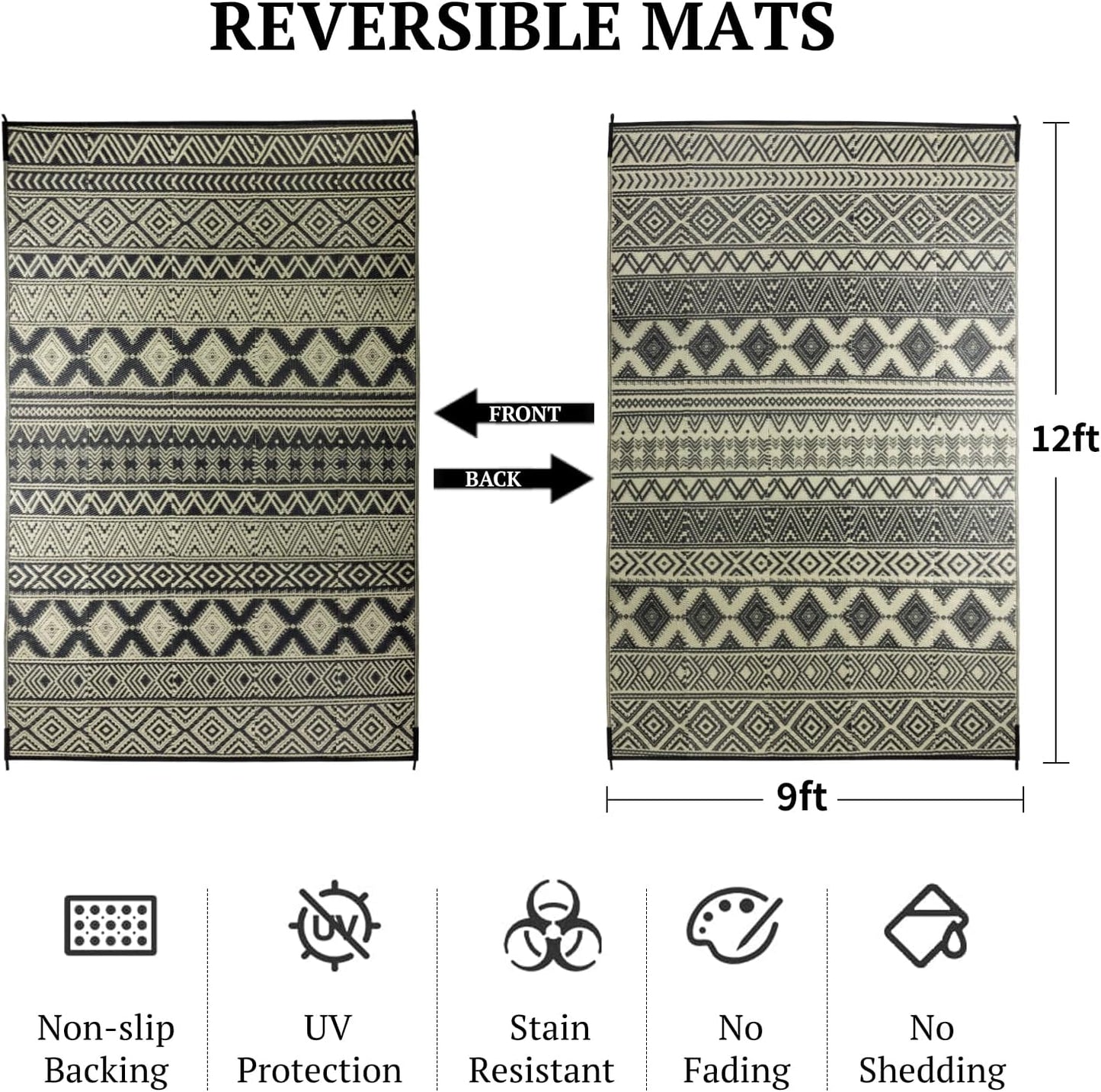 9'x12' Reversible Outdoor Rug - Eco-Friendly Plastic Straw Rug-Heavy-Duty Waterproof Mat, UV & Fade Resistant for Patio, Camping, RV, Deck, Balcony(9x12,Black&Beige)