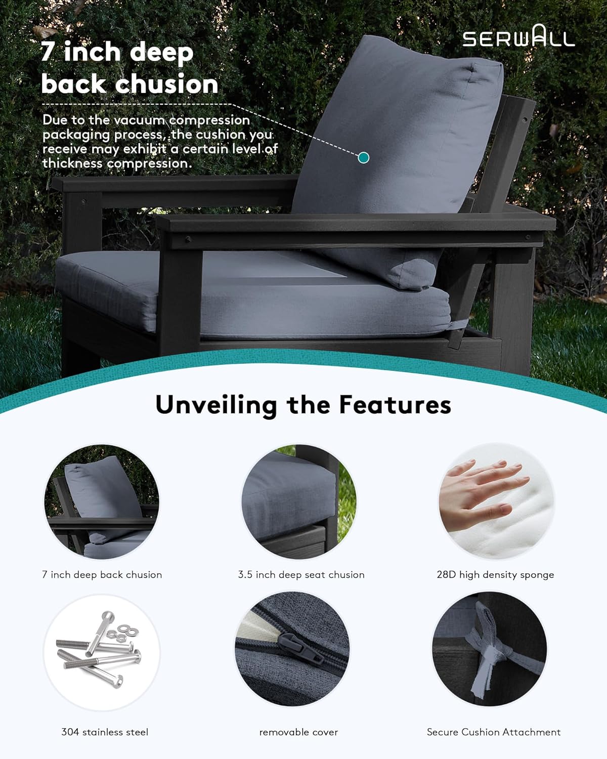 SERWALL Outdoor Patio Sofa Set, 2-Piece HDPE Single Seat Outdoor Sofa Chair with Padded Cushions, Black Frame with Grey Cushion