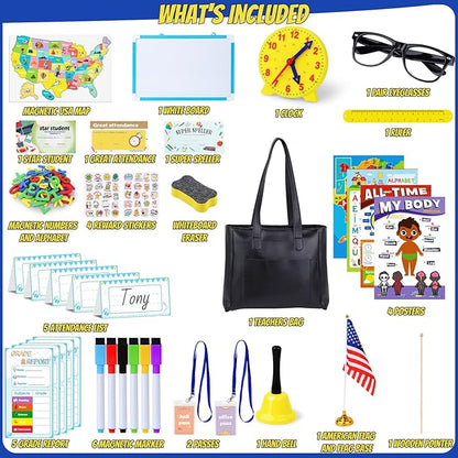 Gifts2U Pretend Play School Sets for Kids - With Teacher Bag, Whiteboard, Learning Clock, Educational Posters and Teaching Toy Supplies.