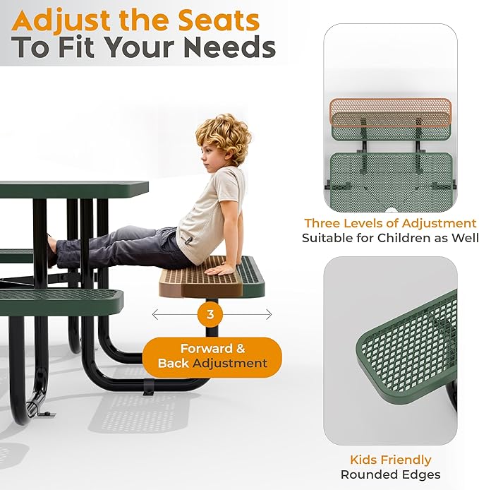 Metal Picnic Tables for Outdoors with Umbrella Hole - Coated Steel Heavy Duty Commercial Grade Table with Adjustable Seats (Green, 46 in, Square, Expanded Steel)