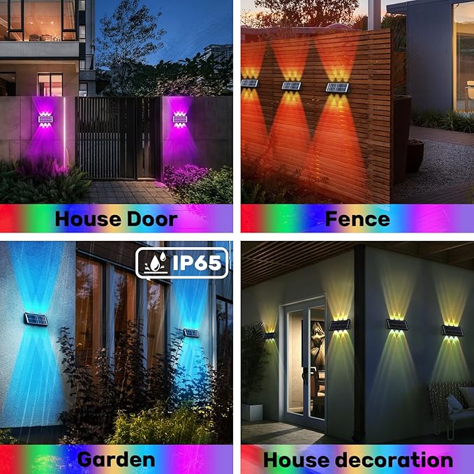 6LEDs Multi-Color Solar Wall Lights, Up and Down Lighting Solar Outdoor Light Waterproof IP65, Solar Fence Light for Yard Deck Garden Garage Walkway Porch Christmas Decorations (4 Pack)