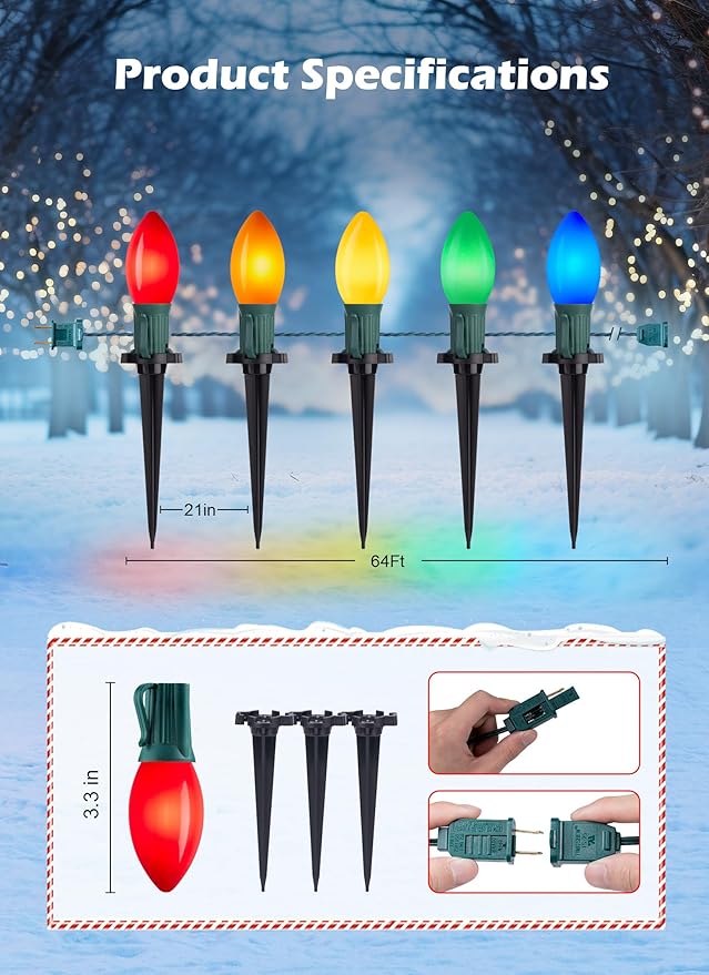 Brightown Frosted C9 LED Christmas Lights Outdoor, 32Ft Pathway Lights with 25 LED Bulbs and Stakes, Multicolor Christmas Decorations for Outside Driveway, Walkway, Sidewalk