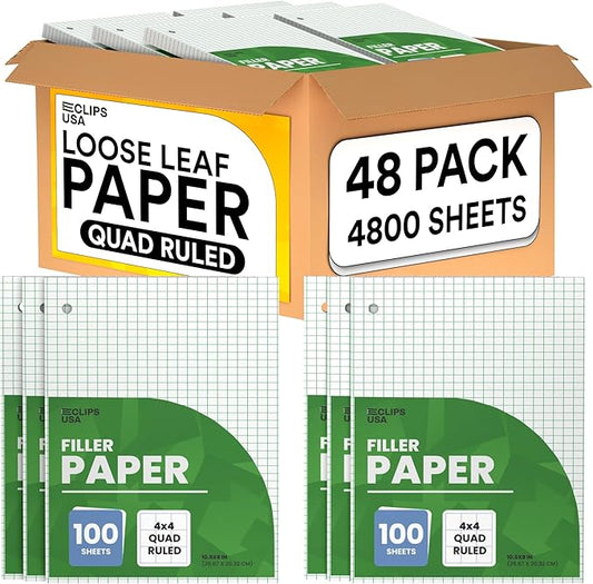 Loose Leaf Graph Paper (48 Pack Bulk), 4 x 4 An Inch Quad Ruled Graph Paper, 10.5” x 8” Graphing Paper, 100 Per Sheets Per Pack, 60 gsm (48 Pack)