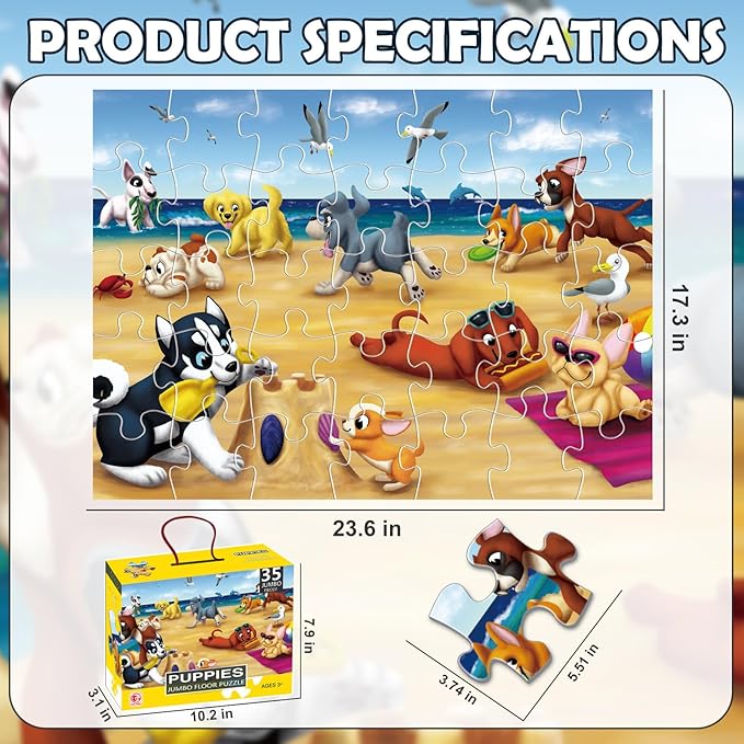 Jumbo Floor Puzzle for Kids Puppies Jigsaw Puzzles 35-Piece Ages 3-5，Preschool Learning Development Toys Large Floor Puzzle for Toddlers&Kids Ages 4-8 Years Old, Best Gift for Boys and Girls