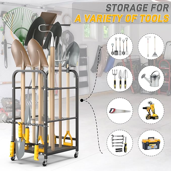 Ultrawall Garden Tool Organizer Stand, Yard Tool Storage Rack with Lockable Wheels, Garage Tool Storage for Rake, Brooms, Indoor & Outdoor Use