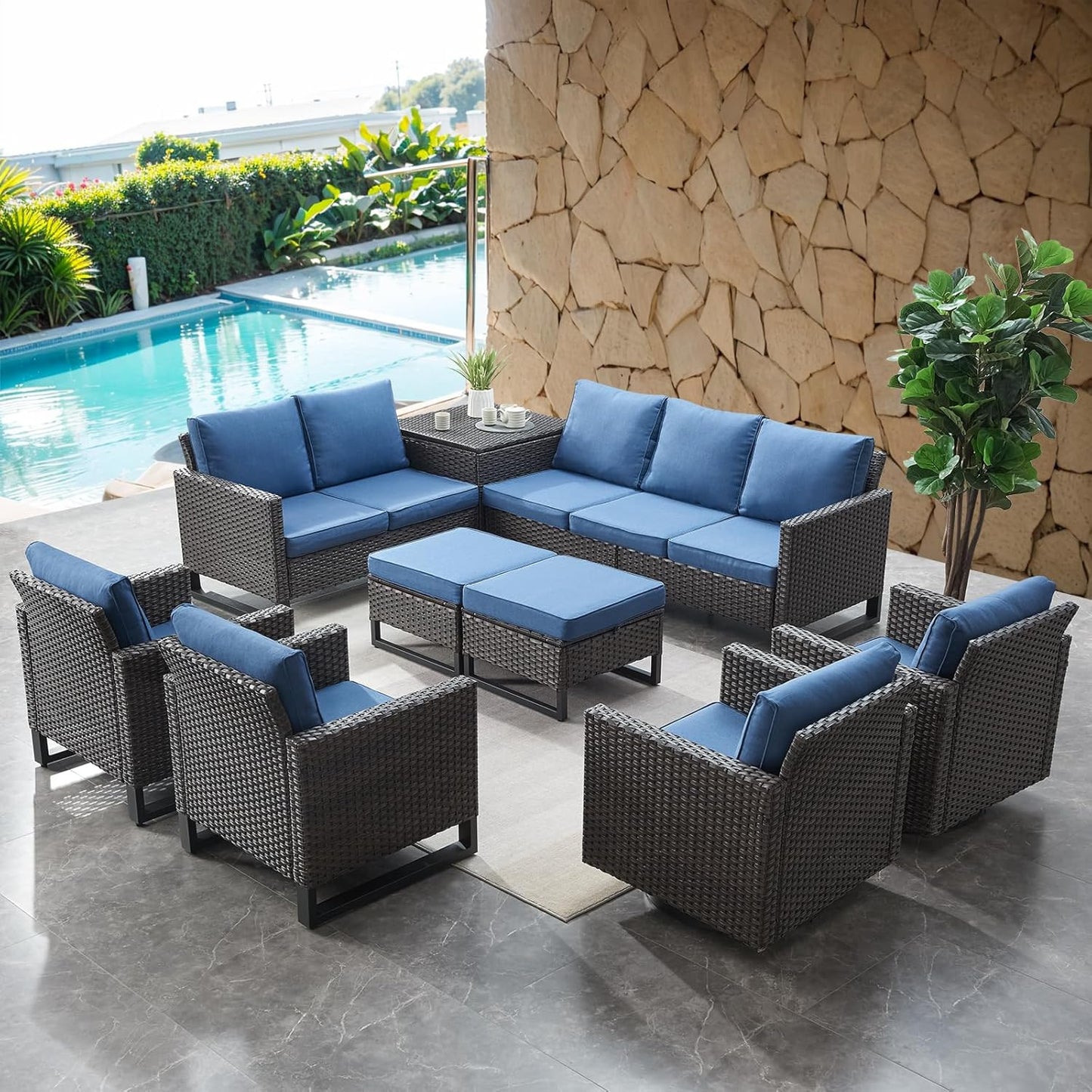 HUMMUH 9 Piece Patio Furniture Set PE Wicker Outdoor Sectional Sofa and Patio Swivel Chairs Outdoor Chairs Storage Box Ottomans for Porch,Garden,Backyard,Deck(Brown/Blue)