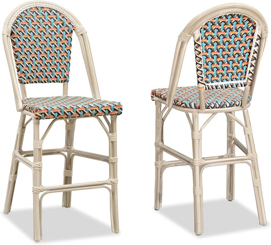 PURPLE LEAF French Counter Height Bar Stool Set of 2 25" White Print Finish Patio Bar Chairs with Back Rattan Bar Chairs French Bistro Set for Kitchen Outdoor Counter Stool Colorful