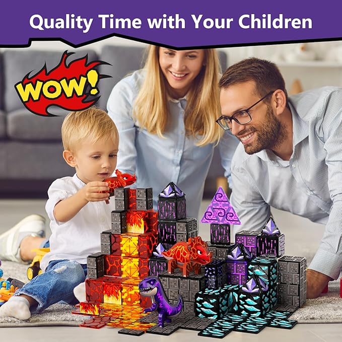 GobiDex Dinosaur Toys Magnetic Tiles Lava Cave Dinosaur World Set - Magnetic Blocks Building Toys for Kids 3-5 4-8, STEM Sensory Toddler Birthday Gifts for Boys Girls Age 3+ Year Old