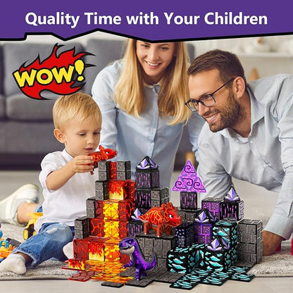 GobiDex Dinosaur Toys Magnetic Tiles Lava Cave Dinosaur World Set - Magnetic Blocks Building Toys for Kids 3-5 4-8, STEM Sensory Toddler Birthday Gifts for Boys Girls Age 3+ Year Old