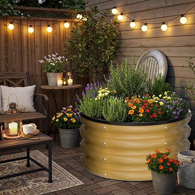 ZXZYHFTY Round Galvanized Raised Garden Bed kit,Yellow Outdoor Garden Raised Planter Box, Round Large Metal Raised Garden Beds for Vegetable 2 * 2 * 1ft 1 Pack
