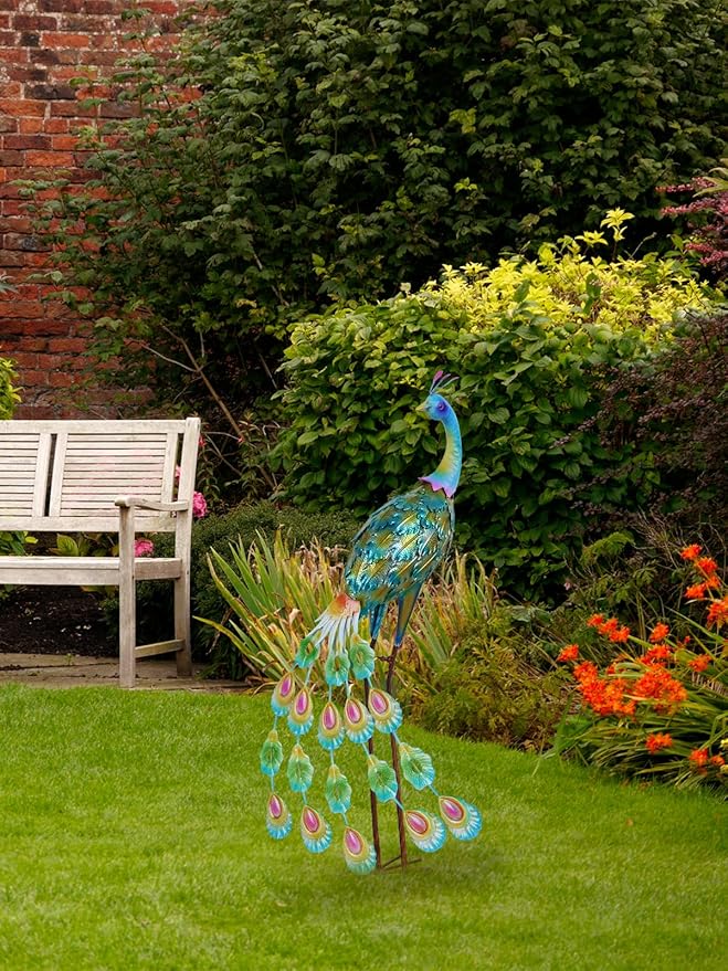 YEAHOME Garden Decor Outdoor Statues, 34" Large Metal Peacock Standing Yard Art, Blue Green Bird Lawn Sculptures Garden Decor for Outside Patio Porch Backyard