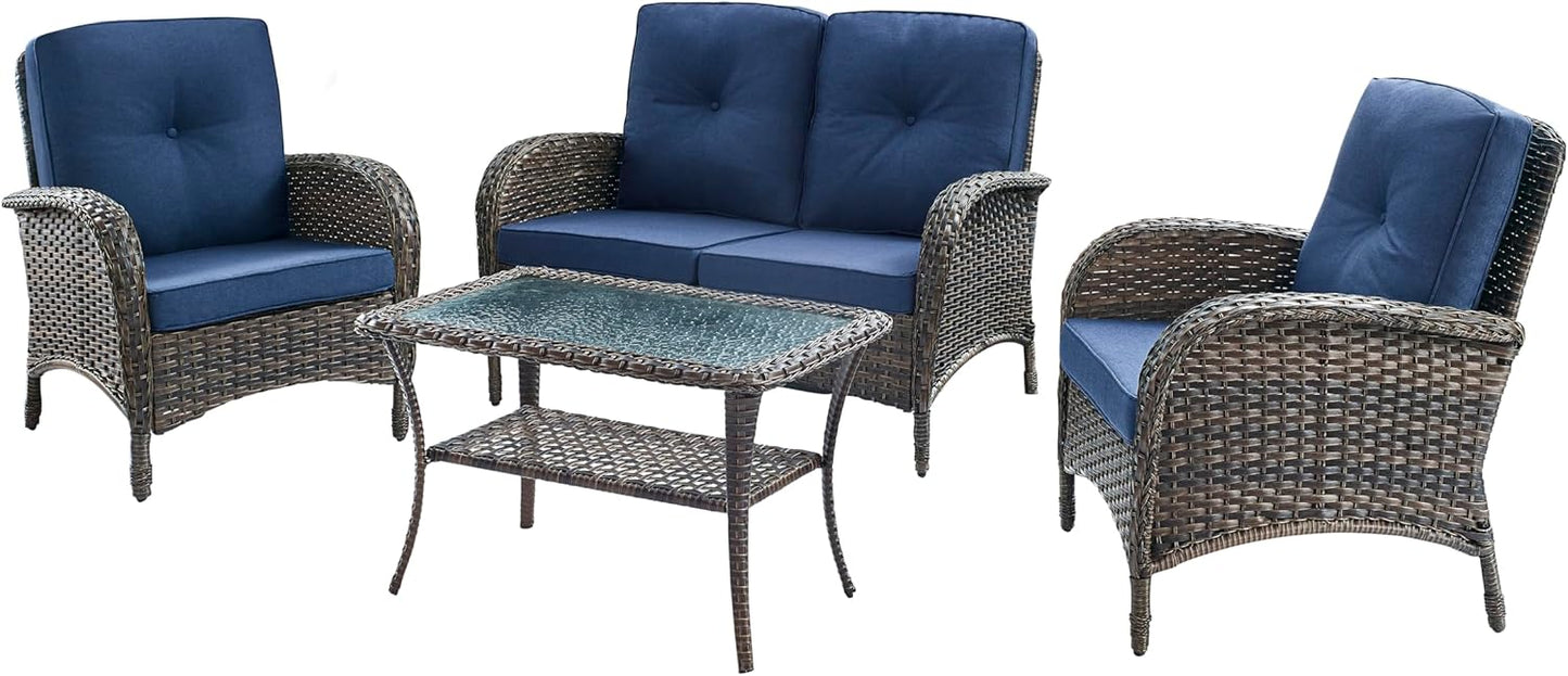 HUMMUH 4-Piece Patio Furniture Wicker Outdoor Conversation Set,All-Weather Rattan Outdoor Sofa Set Patio Chairs Coffee Table for Backyard,Porch,Deck