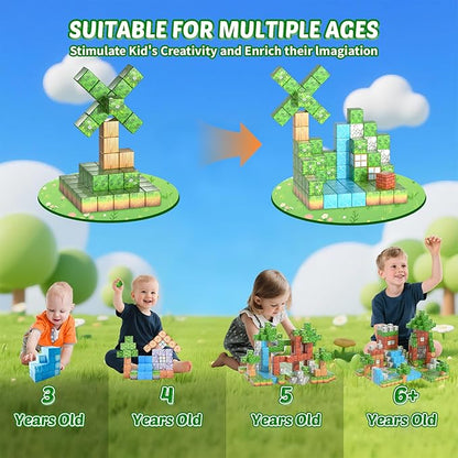 Magnetic Blocks - 157PCS Magnetic Building Blocks Set, 1 Inch Magnet Cubes Build Mine Forest World Stacking Toy for Kids, STEM Sensory Construction Toys, Christmas Birthday Gifts for Boys Girls Age 3+