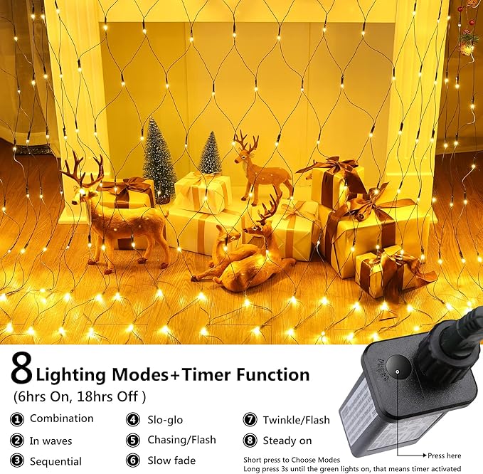 Lyhope 12ft x 5ft 360 LED Christmas Net Lights, 8 Modes Low Voltage Green Wire Mesh Christmas Decorations Lights for Xmas Trees, Bushes, Wedding, Garden, Outdoor, Indoor Decor (Warm White)