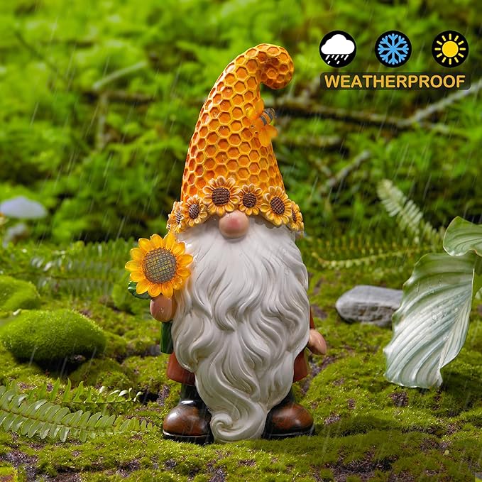 Garden Gnomes Outdoor - Sunflower Gnome Statue with Solar LED Lights for Yard, Patio, Lawn Ornaments - Best Garden Gifts for Mothers Day, Housewarming, Festival