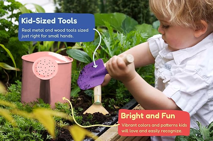 Gardening Set, Tool Kit, for Kids, STEM, Includes Tote Bag, Spade, Watering Can, Rake, Fork, Trowel and Gloves (Princess Pink)