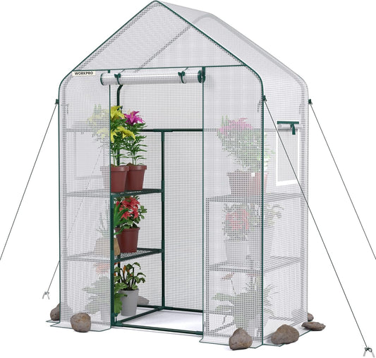 WORKPRO Greenhouse, 56"X 28" X 77" Portable Small Greenhouses for Outdoors & Indoors, Sturdy Green House Kit with Thicken PE Cover, Windows, 3 Tier 4 Shelves for Patio, Backyard, Balcony