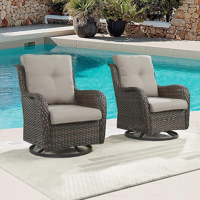 Outdoor Patio Swivel Rocker Chairs - Wicker Rattan Patio Swivel Rocking Chairs Set of 2 with High Back,Deep Seating and Comfort Cushions for Deck Porch Garden,rown/Grey