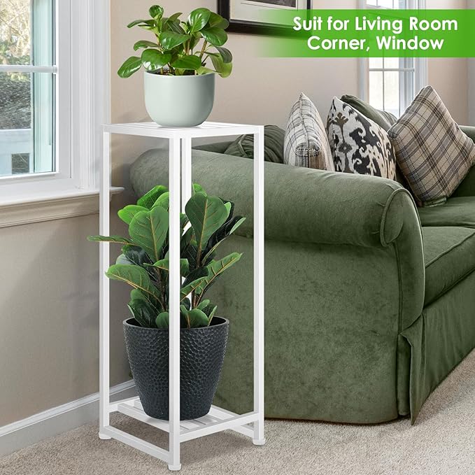 Plant Stand Indoor Outdoor, Wrought Iron Pedestal Stands 2 Tier Heavy Duty Metal Plant Stand Decorative Flower Stand for Patio Garden Deck Living Room, White
