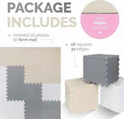 TOYVELT Foam Puzzle Floor Mat for Kids 12x12-16 Interlocking Play Mat Tiles with Colors - Educational Large Puzzle Foam Floor Tiles for Crawling, Non-Toxic - Cream-Gray-Beige