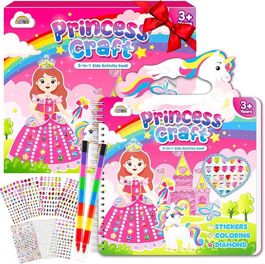 ZMLM Princess & Unicorns Art Crafts for Kids Toddler, 3-in-1 DIY Creative Sticker Coloring Activity Book for Ages 3 4 5 6 7 8 Year Old Girls Birthday Gifts Toys Game Travel Essentials Kit