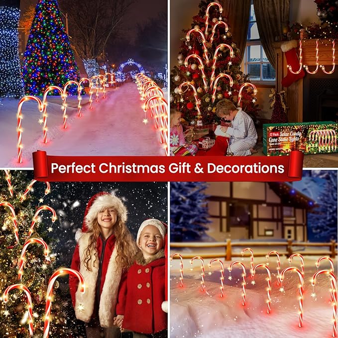 WdtPro Outdoor Christmas Decoration, 12 Pack 28.3FT Solar Powered 72 LED Christmas Candy Cane Lights with Stakes, 10 Lighting Modes Waterproof Christmas Lights Outside Decorations for Yard, Garden