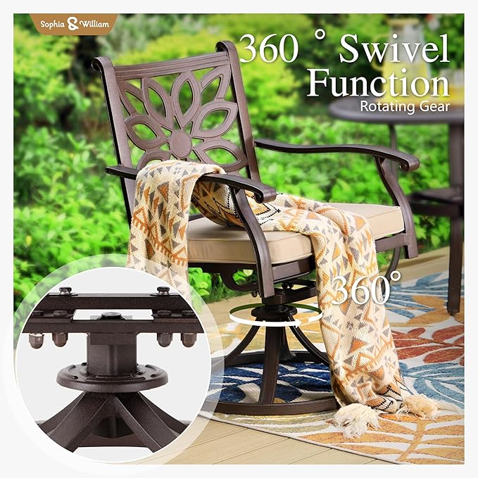 Sophia & William 7 Pieces Cast Aluminium Patio Dining Set for 6, Outdoor Swivel Rocking Chairs and Rectangular Table with 2.3" Umbrella Hole for Porch Backyard Deck, Bronze