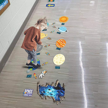 Classroom Decor Sensory Path Decals for Floor & Wall - Solar System Space Exploring Hopscotch Floor Stickers for Boosting Gross Motor Skills