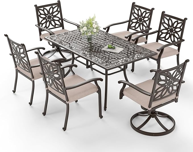 Sophia & William 7 Pieces Cast Aluminium Patio Dining Set for 6 People, Powder-Coating Outdoor Table and 4 Chairs & 2 Swivel Rocking Chairs, Outdoor Patio Table Set with 2.3" Umbrella Hole, Bronze