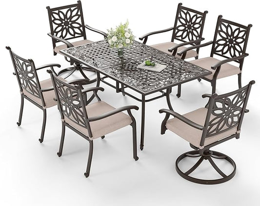 Sophia & William 7 Pieces Cast Aluminium Patio Dining Set for 6 People, Powder-Coating Outdoor Table and 4 Chairs & 2 Swivel Rocking Chairs, Outdoor Patio Table Set with 2.3" Umbrella Hole, Bronze