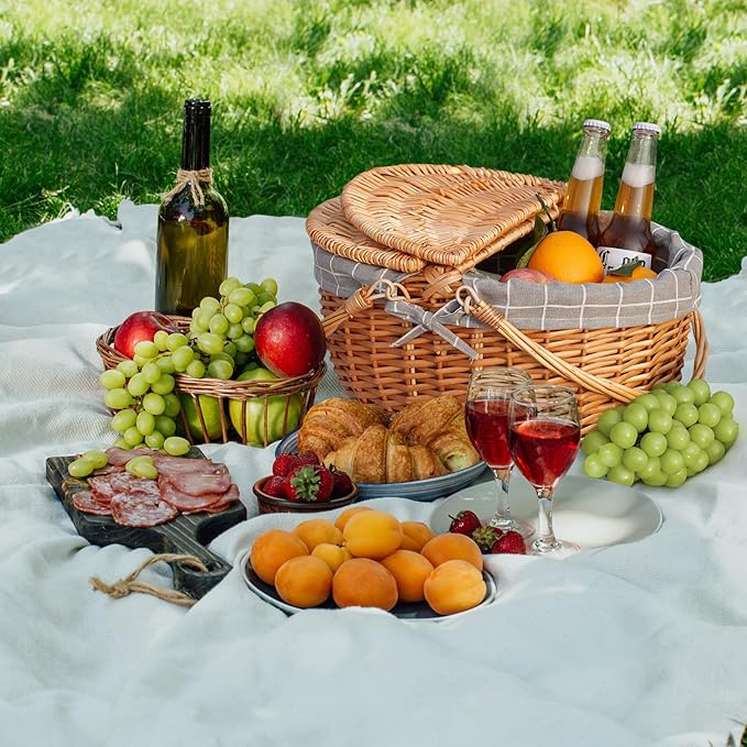Happypicnic Wicker Picnic Basket with Handle, 15" Large Empty Picnic Basket with Lid & Removable Liner, Vintage Hand Woven Basket for Picnics, Camping, Veg Picking, Mother's Day, Thanksgiving (Check)