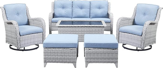 Wicker Outdoor Furniture Patio Furniture Set - 6 Piece Patio Conversation Set with Swivel Rocker Chairs, Rattan Sofa, Ottomans and Coffee Table, Baby Blue Cushion