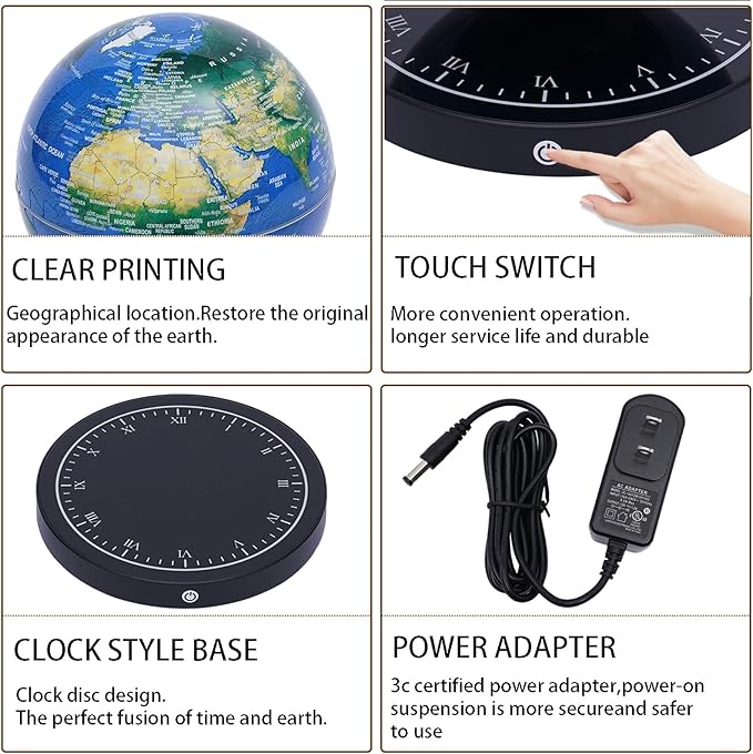 6" Magnetic Levitation Floating Globe Anti Gravity Rotating World Map with LED Light 7 Colors Display Floating Globe for Children Educational Gift Home Office Desk Decor (Blue-Clock Base)