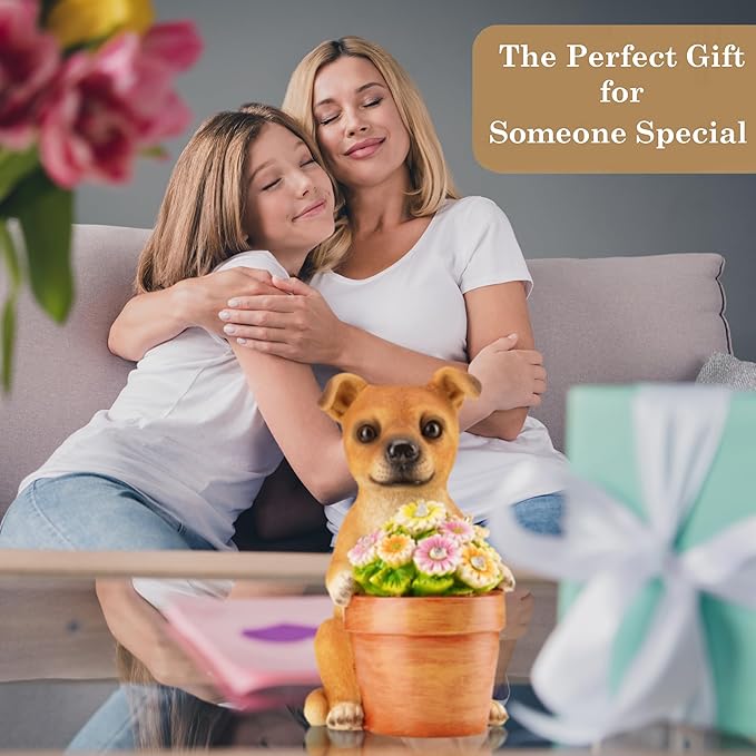 Muldale Solar Dog Statues Outdoor - Solar Powered Outdoor Dog Garden Statue - Hand Painted Floral Plant Pot Light Up